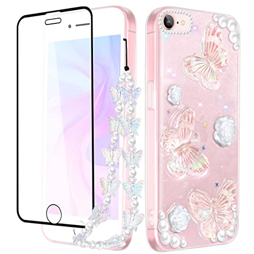 Goocrux 3-in-1 iPhone SE/7/8 Case: 3D Butterfly Design, Glitter, Sparkly, Crystal, Cute-Girly Style, Chain & Screen Protector Included