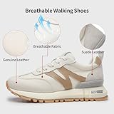 somiliss Sneakers for Women Genuine Leather Suede Patchwork Casual Lace Up Non-Slip Walking Tennis Running Shoes Fashion Sneakers Beige