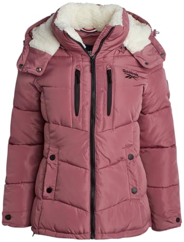 Reebok Women's Puffer Jacket - Heavyweight Quilted Puffer Jacket with Faux Fur Trim Hood - Outerwear Jackets for Women (S-XL), Size Medium, Dusty Rose