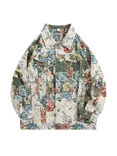 Bciopll Men And Women Floral Denim Jackets High Street Casual Loose Single Breasted Cowboy Coats AS XXL