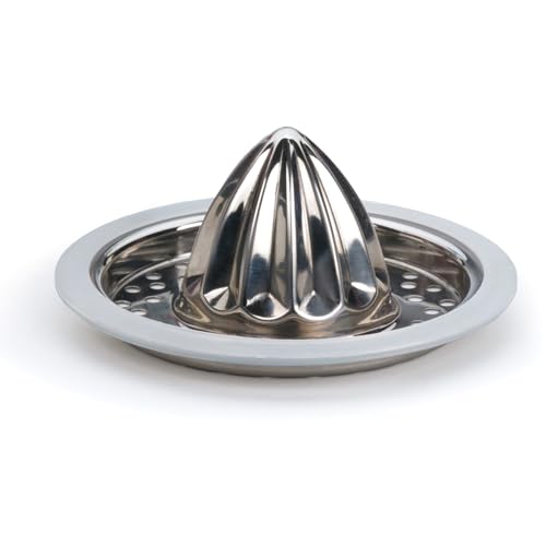 RSVP International Endurance® (JUC-PYX) Manual Hand Citrus Juicer Squeezer, Stainless Steel, 4.75 Inch Dia. | Use w/ Pyrex Cups, Bowls | For Oranges, Grapefruits, Lemons | Dishwasher Safe,Silver