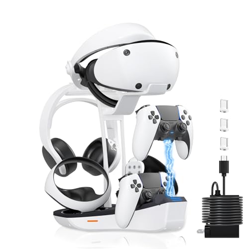 4-in-1 Controller Charging Station for PSVR2 and PS5, Dual Charging Dock with VR Headset Display Holder and Headphone Rack, LED-Charging Indicator, AC Power Adapter, RGB Lights, 3 Magnetic Connector