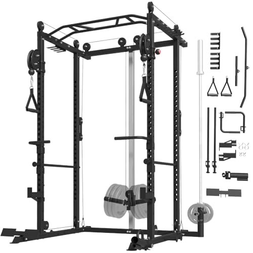 FAGUS Power Cage, Multi-Functional Power Rack with 27-Levels Adjustable Cable Crossover System, 2000lbs Weight Cage Squat Rack with More Full Body Training Attachments for Home Gym, Black