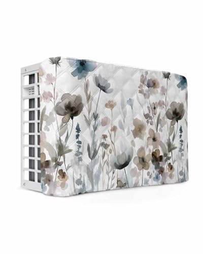 Fall Flower Indoor Air Conditioner Cover for Window Units, Watercolor Floral Herb Blue Brown Double Insulation Adjustable Waterproof Indoor AC Cover with Elastic Straps 25" x 18" x 3.5"