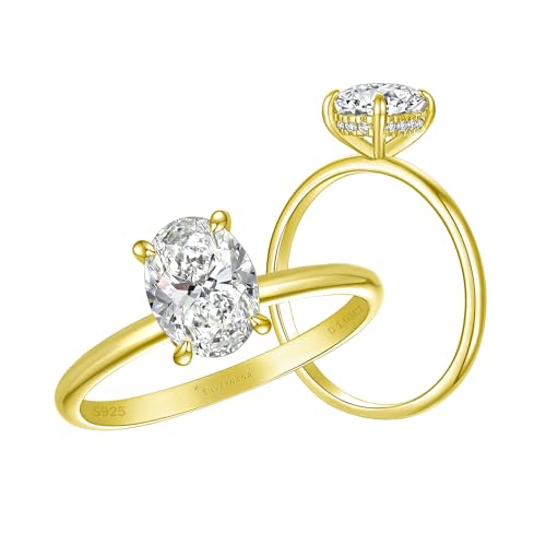 SILVERNANA Oval Moissanite Engagement Ring for Women Sterling Silver with Yellow Gold Plated Solitaire 1.5 Carat Oval Cut Moissanite Promise Wedding Ring Size 7
