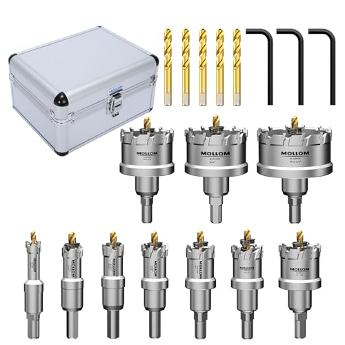 Mollom 10Pcs(14-60mm) TCT Carbide Hole Saw Kit for Hard Metal, 10Pcs Hole Cutters with 3Pcs Extra Pilot Drill Bits and 1Pcs Hex Key for Stainless Steel, Iron,Aluminum,Alloy,Metal.