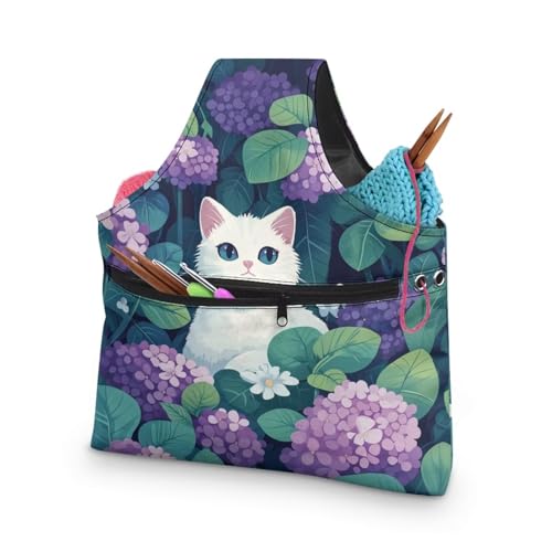 ASQVTIFE White Cat Yarn Tote for Crocheting Project Crochet Storage Bag for Women Girls at Home Small Knitting Hook Storage for Travel Tote Yarn Storage Organizer Embroidery Project Bag