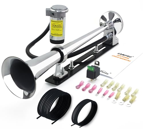 GAMPRO 12V 150DB Air Horn with bracket Kit, 18 Inches Chrome Zinc Single Trumpet Truck Air Horn with Compressor and bracket for Any 12V Vehicles Trucks Lorrys Trains Boats Cars (black and silver)