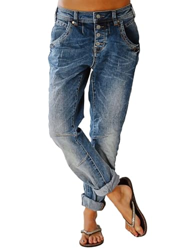 Flamingals Women's Stretchy Straight Leg Casual Low Rise Jeans Wash Button Fly Stitch Detail 90s Trendy Denim Jeans Mid Blue L