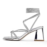 Shoe'N Tale Lace Up Heels for Women Ankle Strappy Gladiator High Heeled Sandals Chunky Block Heel Square Open Toe Criss Cross Dress Shoes(7,Silver)