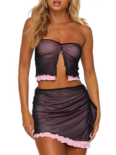 CSDAJIO Women's 2 Piece Outfits Sheer Mesh Split Front Strapless Tube Crop Top and Ruffle Mini Skirt Set Black Medium