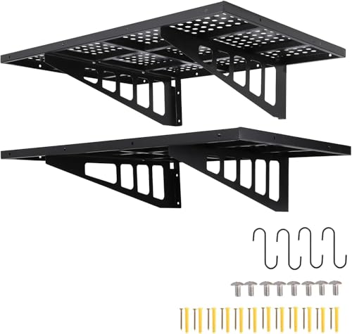 PtioHavn 2-Pack 2x3ft Garage Wall Shelving, 24-inch-by-36-inch Heavy Duty Wall Shelf Garage Storage Rack Floating Shelves with Hooks