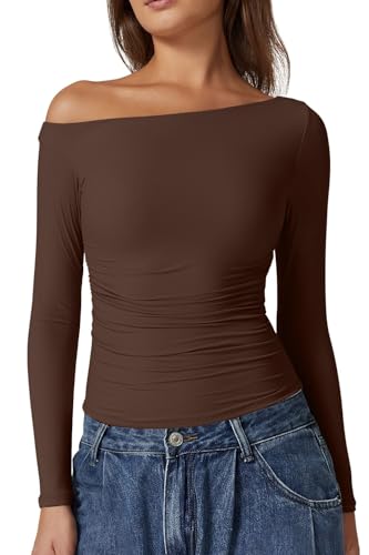 QINSEN Long Sleeve Y2k Shirts for Women Off Shoulder Fitted Tops Side Ruched Full Length Tees Coffee Bean S