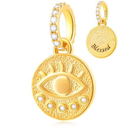 CHAWIN The Eye Medallion Charm for Pandora Charm Bracelets - Gold Plated 925 Sterling Silver Necklace Pendants, The Devil's Eye Dangle Bead with Clear Stones, Birthday Gift Women/Mother.