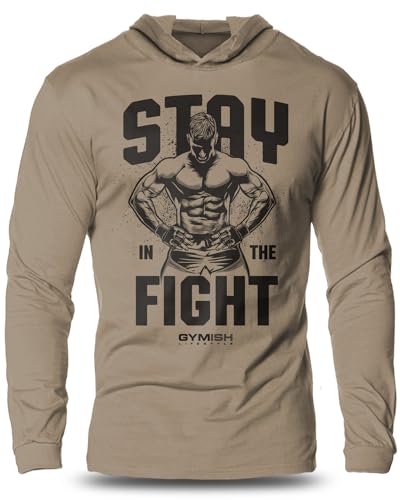 Gymish Lifestyle Classic Stay in Fight Bodybuilders Lightweight Full Sleeves Gym Hooded for Men (XL, Stay in Fight Hooded Khaki)