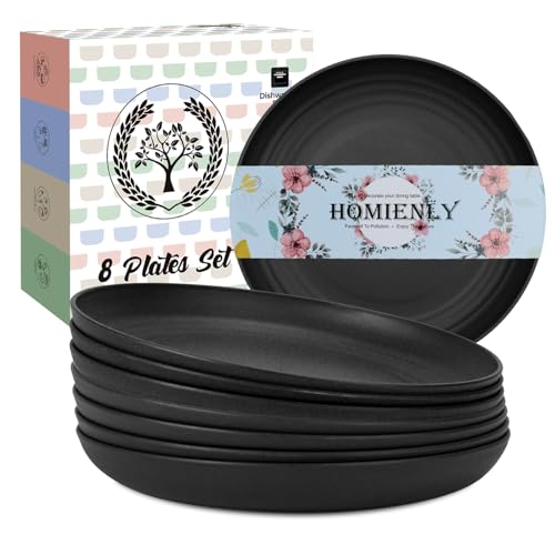 Homienly Wheat Straw Plates Set - 11 inch Reusable Large Dinner Plates Set of 8, Lightweight Unbreakable Salad Plates, Microwave and Dishwasher Safe Plates, Deep Plates for Dinner, Camping - Black
