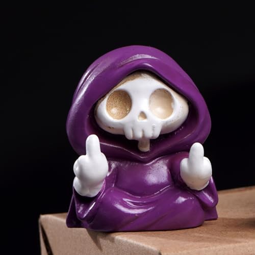 Daisylily Adorable Skull Grim Reaper Statue with Walking Dog Ghost Statue Figurine, Halloween Home Tabletop Decoration - Middle Finger