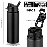 Shellwei 10 Pcs Aluminum Metal Water Bottles Bulk 24 oz Lightweight Leak Proof Sports Water Bottle with Snap Lid Reusable Bottle for Travel Camping Hiking(Black)