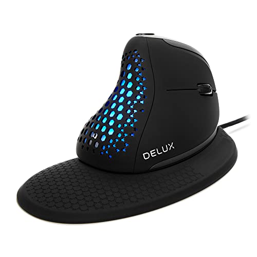 DeLUX Seeker Wired Ergonomic Vertical Mouse with Thumb Wheel, Optical Computer Mouse with 6 Programmable Buttons, 4000 DPI, RGB Backlight, Removable Wrist Rest for Carpal Tunnel (M618XSU-Black)