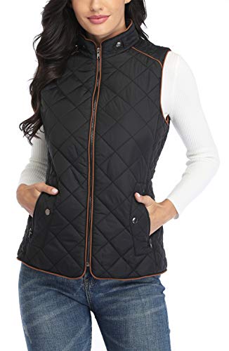 Dilgul Women's Padded Vest, Stand Collar Lightweight Zip Quilted Gilet Black L