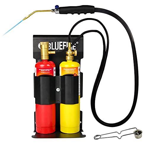BLUEFIRE Oxypropane Welding Gas Cutting Torch Kit with Flint Lighter and Cylinder Holder Rack - For Jewelers Hvac Map Gas Torch Kit Brazing Mapp Gas Torch, Soldering Oxy Acetylene Torch Kit Tanks
