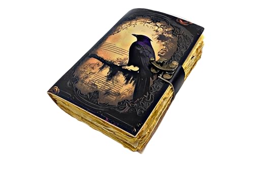 The Raven Leather Journal – Blank Spell Book of Shadows Grimoire – Handmade Vintage Leather Sketchbook & Notebook – 200 Unlined Deckle Edge Pages – Gothic Junk Journal – Gifts for Him & Her