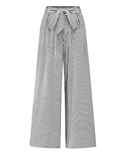 BTFBM Womens Striped Wide Leg Pants Dressy High Waist Trousers Business Casual Loose Flowy Tie Knot Palazzo Pants(Black, Medium)