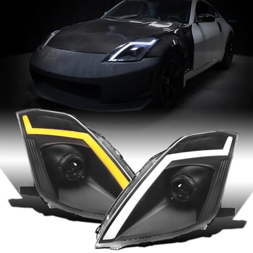 Ronnin-2009 Nissan 350Z Upgraded Replacement HID Xenon Projector Headlights LED Switchback Sequential Turn Signals + Animated Startup Effect Assembly Pair | Black