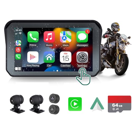 Motorcycle DVR: Wireless Apple Carplay, Android Auto, TPMS, Dual HD 1080P Cameras, GPS, G-Sensor, Siri & Google Voice, 5-Inch IPS Touch Screen, WiFi, Bluetooth, TF Card, Waterproof TTXSCAM MT01
