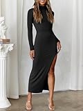 MIROL Women's 2024 Bodycon Maxi Dress Mock Neck Side Slit Fall Long Sleeve Ruched Long Dress Black