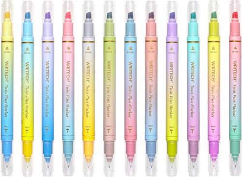 WRITECH Dual Tip Highlighter Markers: Aesthetic Fine & Chisel Tip Assorted Pastel Colors Marker Multicolor Pens Pack for Bible Highlighting Journaling Drawing 12ct