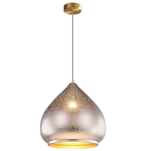 Jowjut Moroccan Pendant Light Fixture Vintage Kitchen Island Hanging Light Silver Hollow Dining Room Light Fixture Retro Farmhouse Pendant Lamp Turkish Pendant Lighting 1-Light