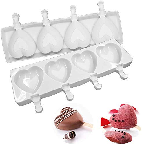 Ice Pop Molds Silicone Popsicle Molds 4 Cavities Homemade Ice Cream Mold Heart Ice Cream Mold Reusable Soft Silicone,Silicone Popsicle Molds Cake,Cakesicle Mold for DIY Ice Pops