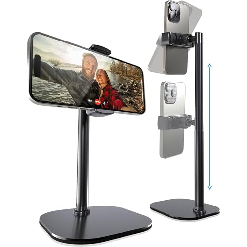 Cooper ChatStand Adjustable Cell Phone Stand for Desk & Video Recording, Rotating Cell Phone Holder for Desk for All iPhone, Samsung, Android, 9-14" Face-Level Metal Desktop Tripod (Night Black)