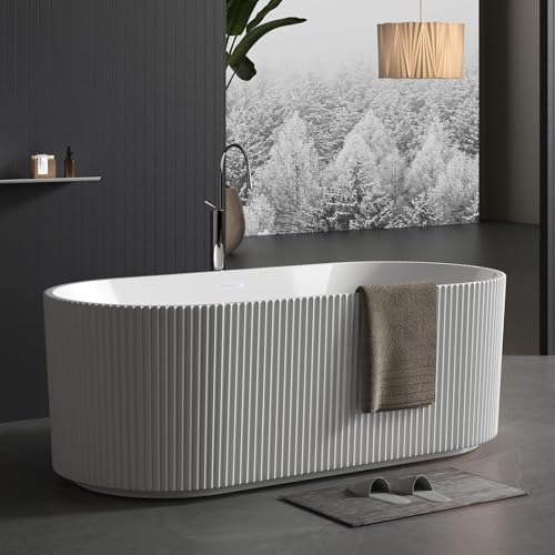 67" Free Standing Tub, Standalone Soaking Pleated Bathtub, Easy Install Freestanding Bathtub, Modern Design for Bathrooms, White