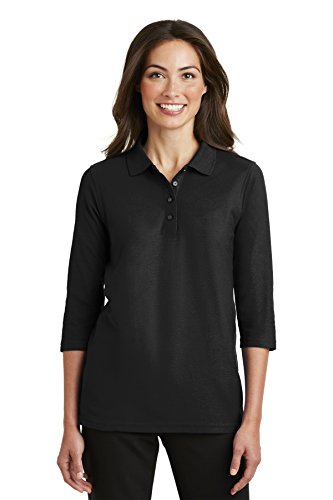 Port Authority Ladies Silk Touch 3/4-Sleeve Polo, Black, Medium