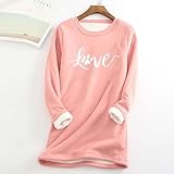 kuweot Women Thick Fleece Printed Sweatshirt Winter Warm Underwear Round-Neck Blouses Long Sleeve Tops Pink