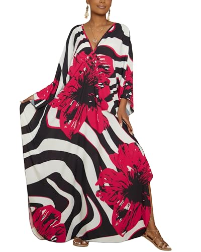 Bsubseach Women Floral Print Kaftan Dresses Plus Size Swimsuit Cover Up 2025 Summer Bathing Suit Caftan Loungewear Beach Dress Red Flowers