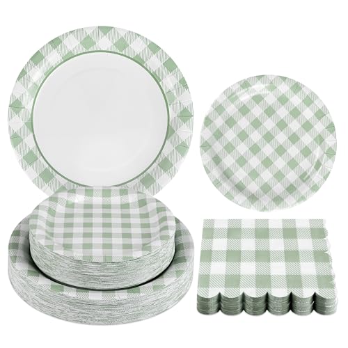 150 Pcs Sage Gingham Gingham Party Supplies - Green Plaid Paper Plates, Napkins & Decor for Birthday, Family Picnic, BBQ - Serves 50 Guests