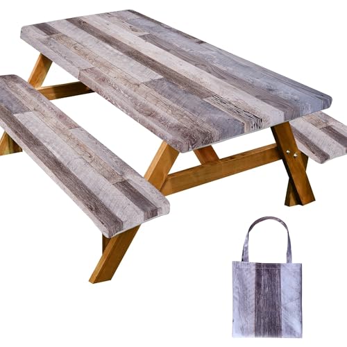 Picnic Table Cover with Bench Covers Farmhouse Waterproof Windproof Fitted Outdoor Tablecloth with Elastic Rectangle Table Cloth Camping Must Haves Rv Accessories,72x30 Inch (Wood )