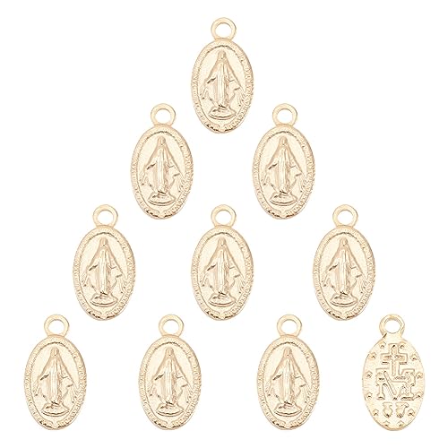 UNICRAFTALE 10pcs Golden Oval with Virgin Mary Charms 304 Stainless Steel Miraculous Metal Pendants 0.8mm Small Hole Charms for Jewelry Making DIY Crafting