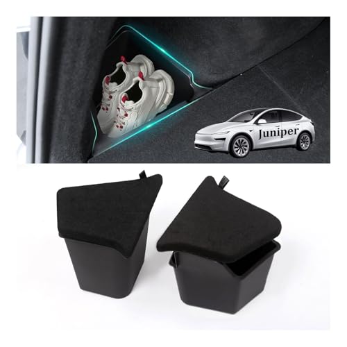 Trunk Storage Bins Trunk Organizer for 2025 2026 Tesla Model Y Juniper 5-Seater, 2PCS Large-Capacity Rear Side Storage Boxes with Carpeted Lid for Model Y Juniper Interior Accessories