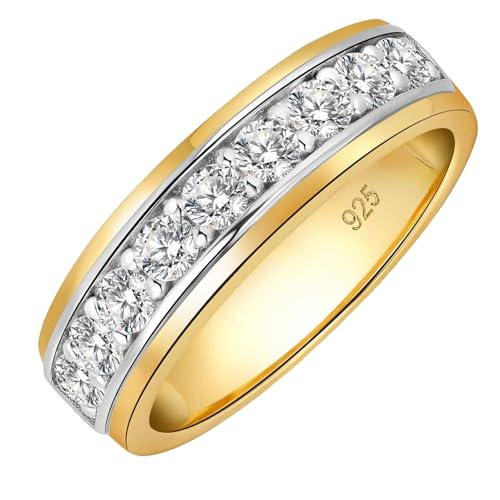 SweetJew Mens Moissanite Wedding Band 925 Sterling Silver Rings For Men 14K Yellow Gold Plated 1ct D Color VVS1 Clarity Brilliant Lab Created Stone 9 Round Cut Engagement Rings For Him Size 12