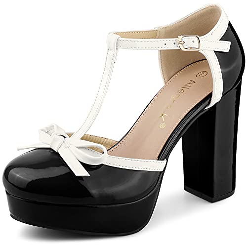 Allegra K Women's Platform Bow T Strap Chunky Heels Black Pumps 8 M US