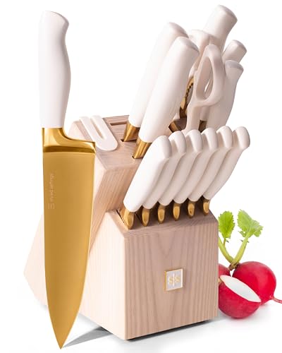 White and Gold Knife Set with Block Self-Sharpening – 14-Piece Titanium Coated Gold and White Kitchen Knives with Ashwood Block and Built-In Sharpener – Luxury Kitchen Accessories, Ideal Gift