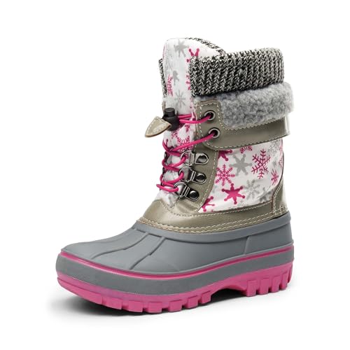 DREAM PAIRS Boys Girls Snow Boots Water-Resistant Outdoor Warm Cozy Anti-Slip Mid Calf Faux Fur Lining Insulated Winter Shoes for Little/Big Kids,Size 1 Little Kid,White/Fauxia,KMONTE-1