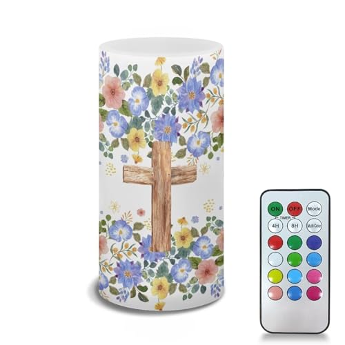 Poceacles Floral Cross Flameless Candle Electric LED Lights with Dancing Flame, with Timer Remote 12 Color Lights, 3 AAA Batteries Operated (Not Include), Exquisite Home Decoration