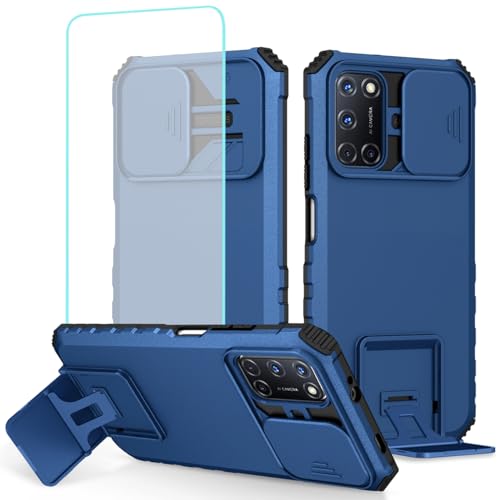 Tothedu Case for Oppo A92 Case, Oppo A72 Case, Oppo A52 CPH2059 Case with Tempered Glass Screen Protector and Slide Camera Cover, Heavy Duty Kickstand Slim Protective Phone Cover for Oppo A92 Blue