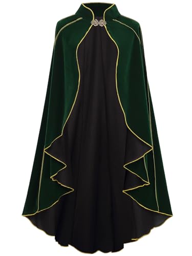 GRAJTCIN Women's Medieval Cloak Renaissance Thic Velvet Gold Trim Cape Halloween Costume for Adult (43.3", Green)