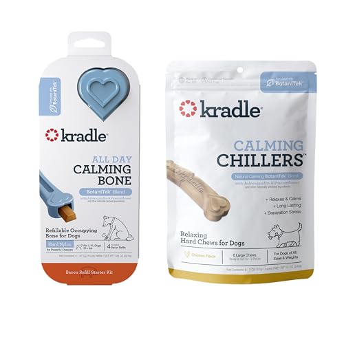 Kradle All Day Calming Bone & Chillers Bundle - 8 Inch Hard Nylon Interactive Dog Toy with 6 Hard Chicken Chews - Dog Stress Relief Support for Separation, Thunder, Fireworks, & Car Rides